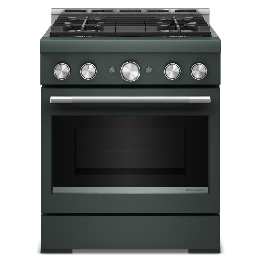 Front view of green 30-inch KitchenAid commercial-style gas range with four burners and stainless steel handle