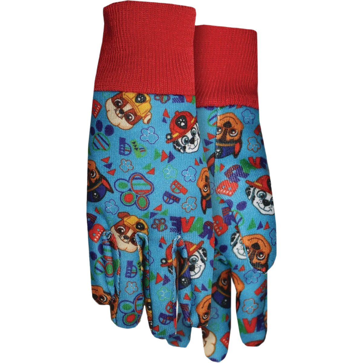 Children's jersey gloves with blue Paw Patrol characters and red ribbed cuffs for comfortable fit and play protection