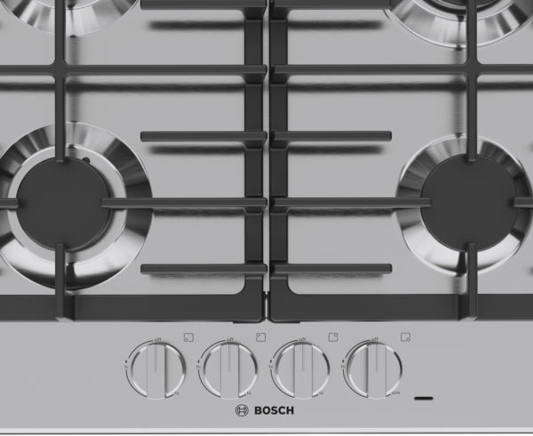 Bosch stainless steel gas cooktop with four burners and heavy-duty porcelain enamel cast iron grates in kitchen appliances