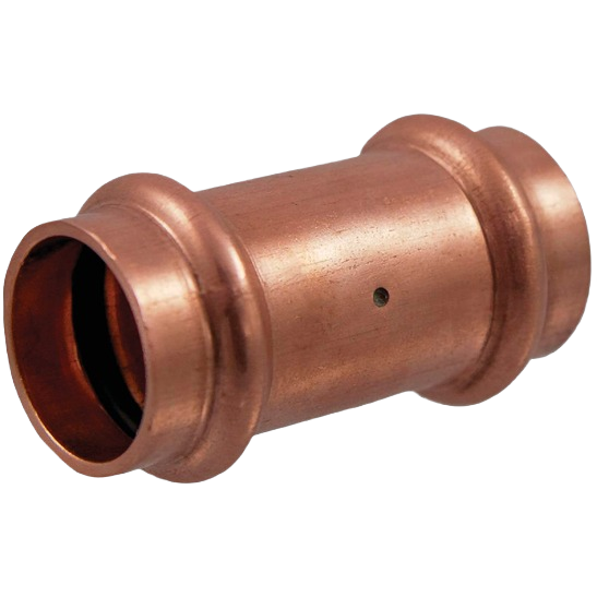 Copper press coupling with built-in stop for secure copper pipe connections in plumbing and copper fittings collections