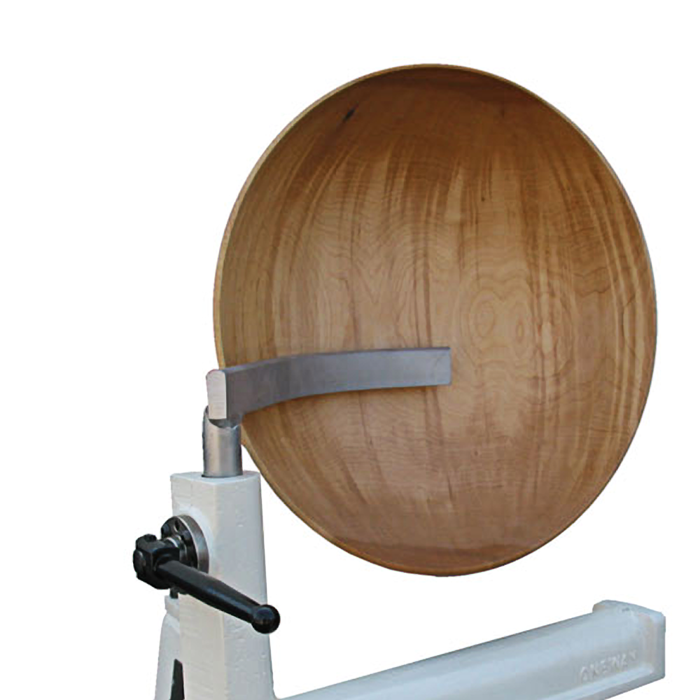 Curved general purpose woodworking tool with 1-inch post mounted on lathe for shaping wood bowls and projects