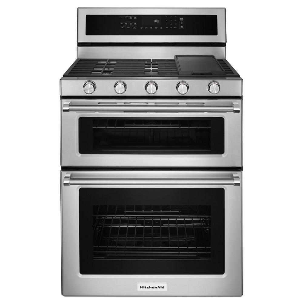 30-inch stainless steel gas range with five burners, double convection ovens, and digital control panel for home improvement
