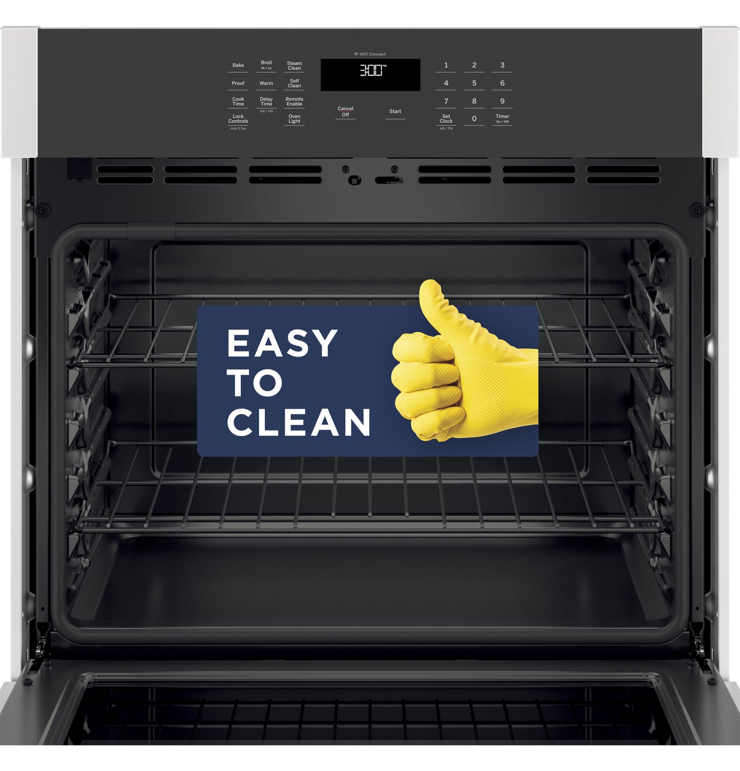 Open black built-in wall oven showing racks with easy-to-clean message and digital control panel above