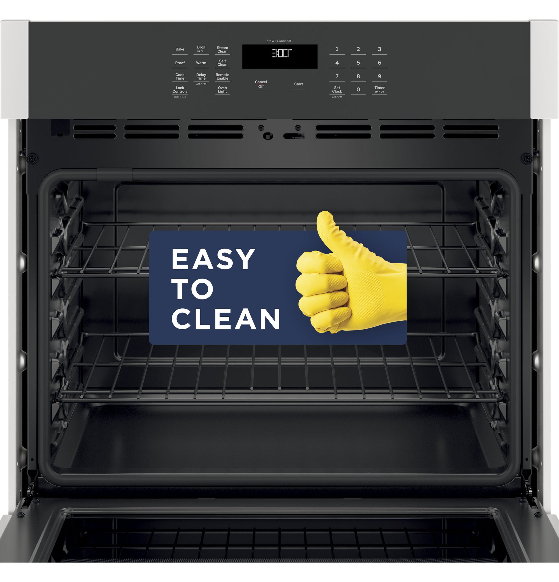 Open black built-in wall oven showing racks with easy-to-clean message and digital control panel above