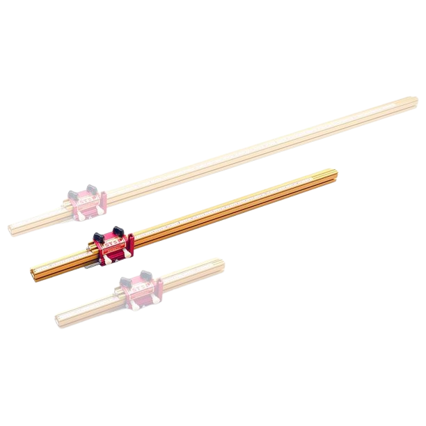 Set of precision steel and brass measuring tracks with adjustable shop stop system for woodworking tools and hand tools use