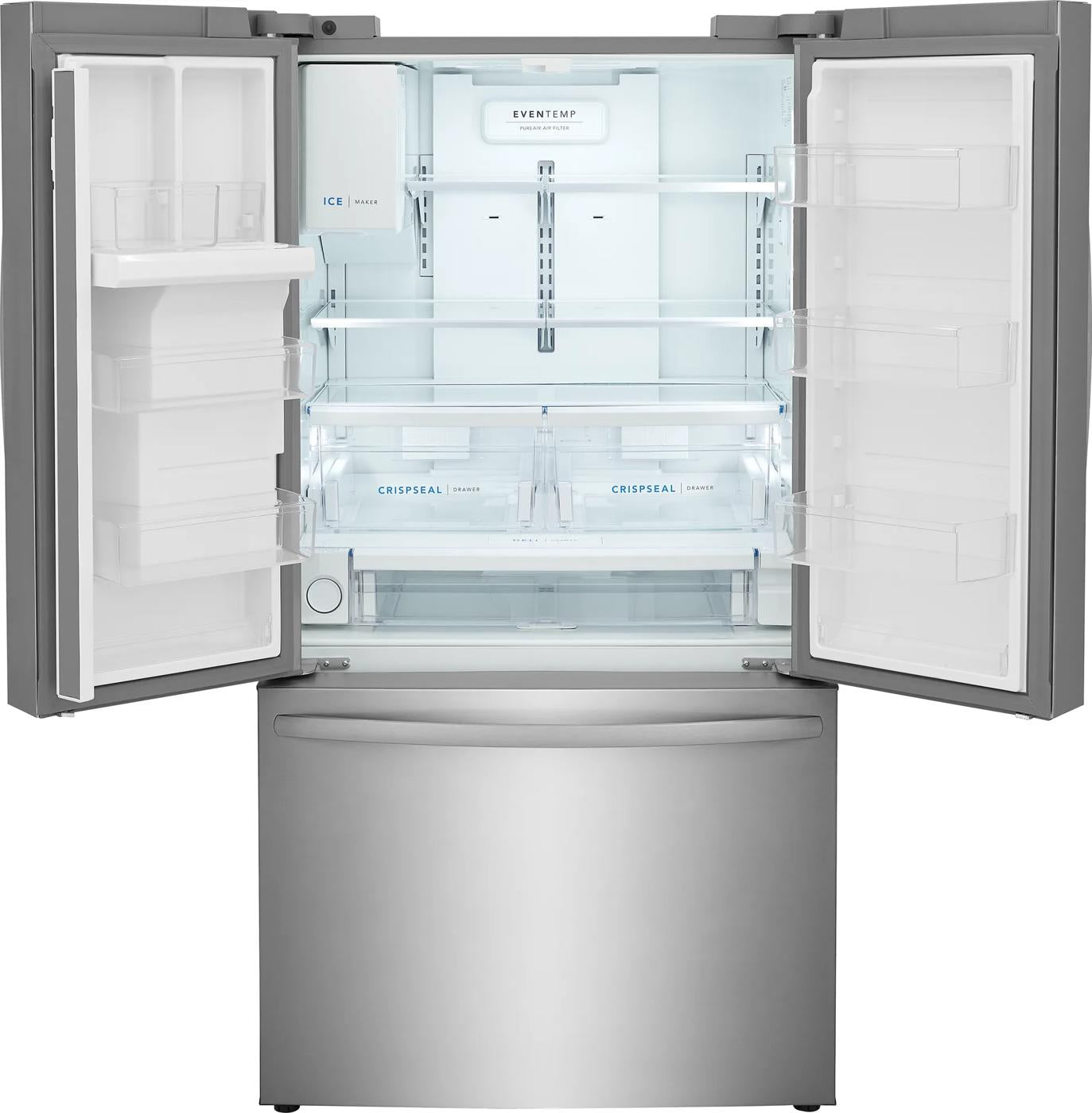 French door refrigerator with spacious interior, adjustable shelves, dual CrispSeal crispers, and large door bins for organization