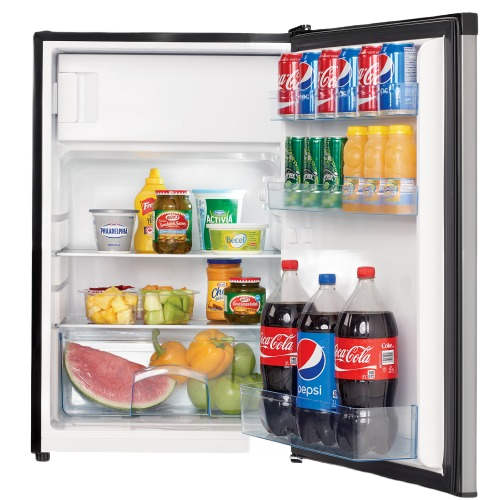 Open compact fridge in stainless steel with beverages and fresh food, suitable for mini refrigerators and kitchen appliance collections