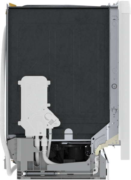 Cutaway view of white 24-inch dishwasher showing internal components for Bosch kitchen and appliance collections