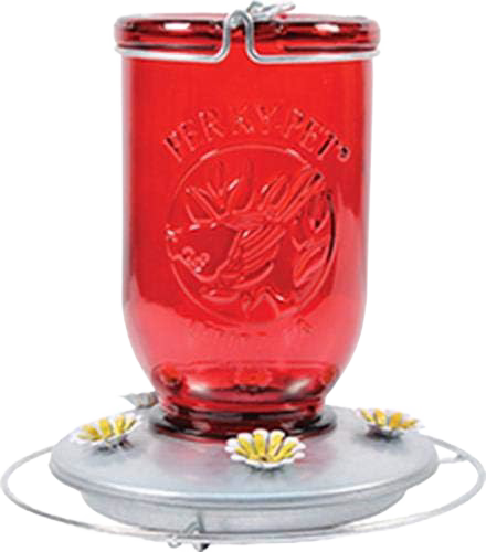 Red glass hummingbird feeder jar with metal base and white and yellow flower-shaped feeding ports for outdoor bird supplies
