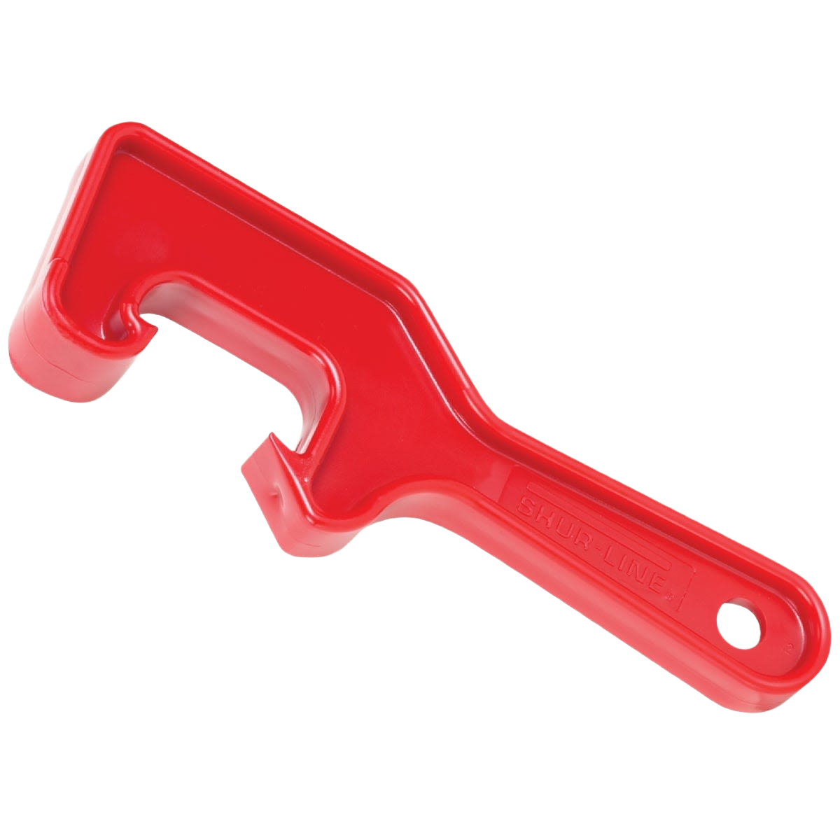 Red plastic paint can opener designed for 5-gallon lids, part of paint supplies and home improvement tools collections