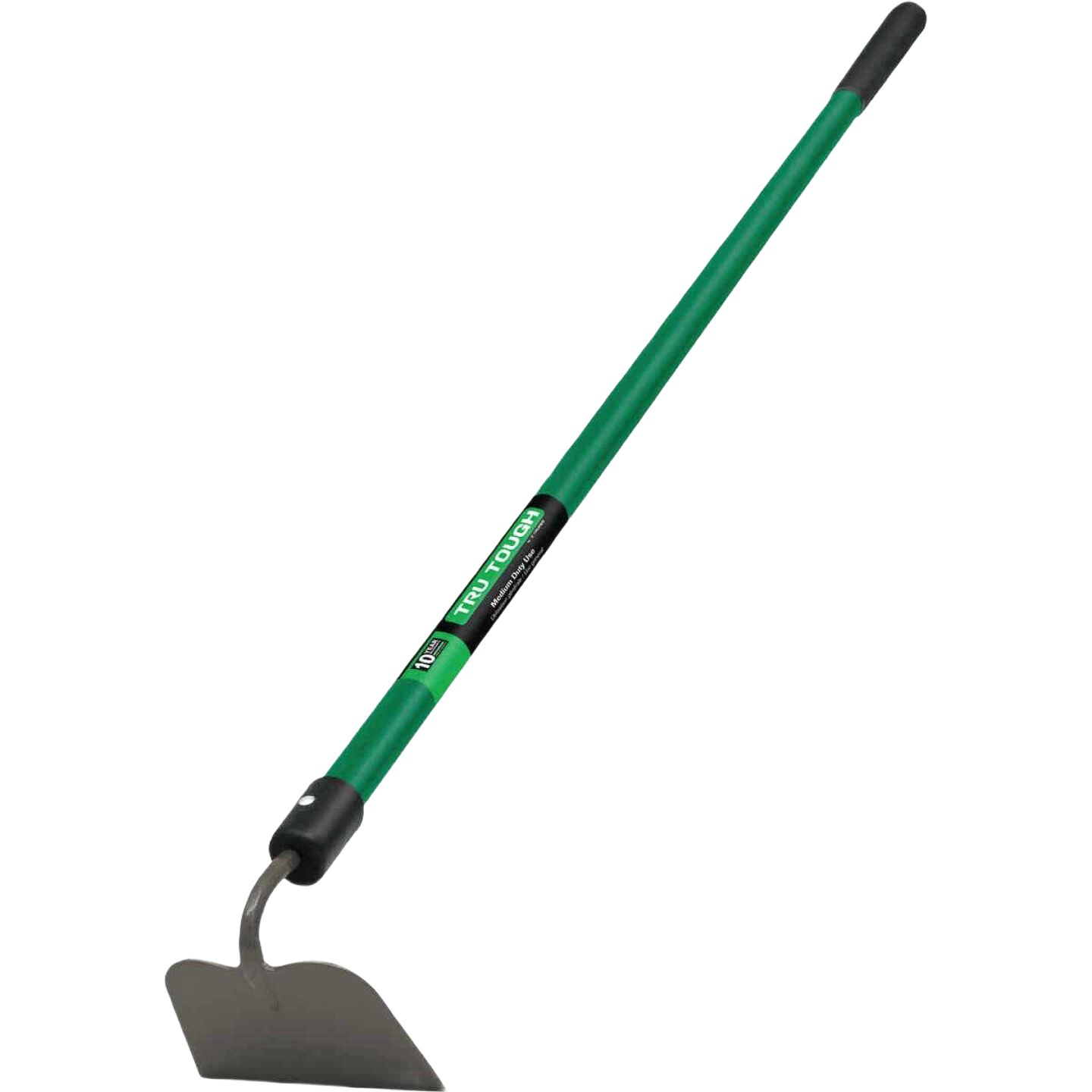 Green fiberglass-handled garden hoe with forged metal blade for outdoor gardening and lawn care tools collections