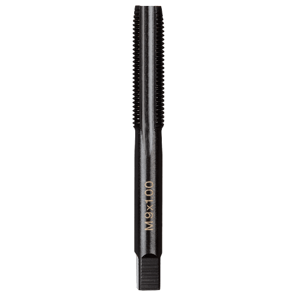 Black metric straight flute plug tap tool with threaded cutting section for precise threading in metalworking tasks