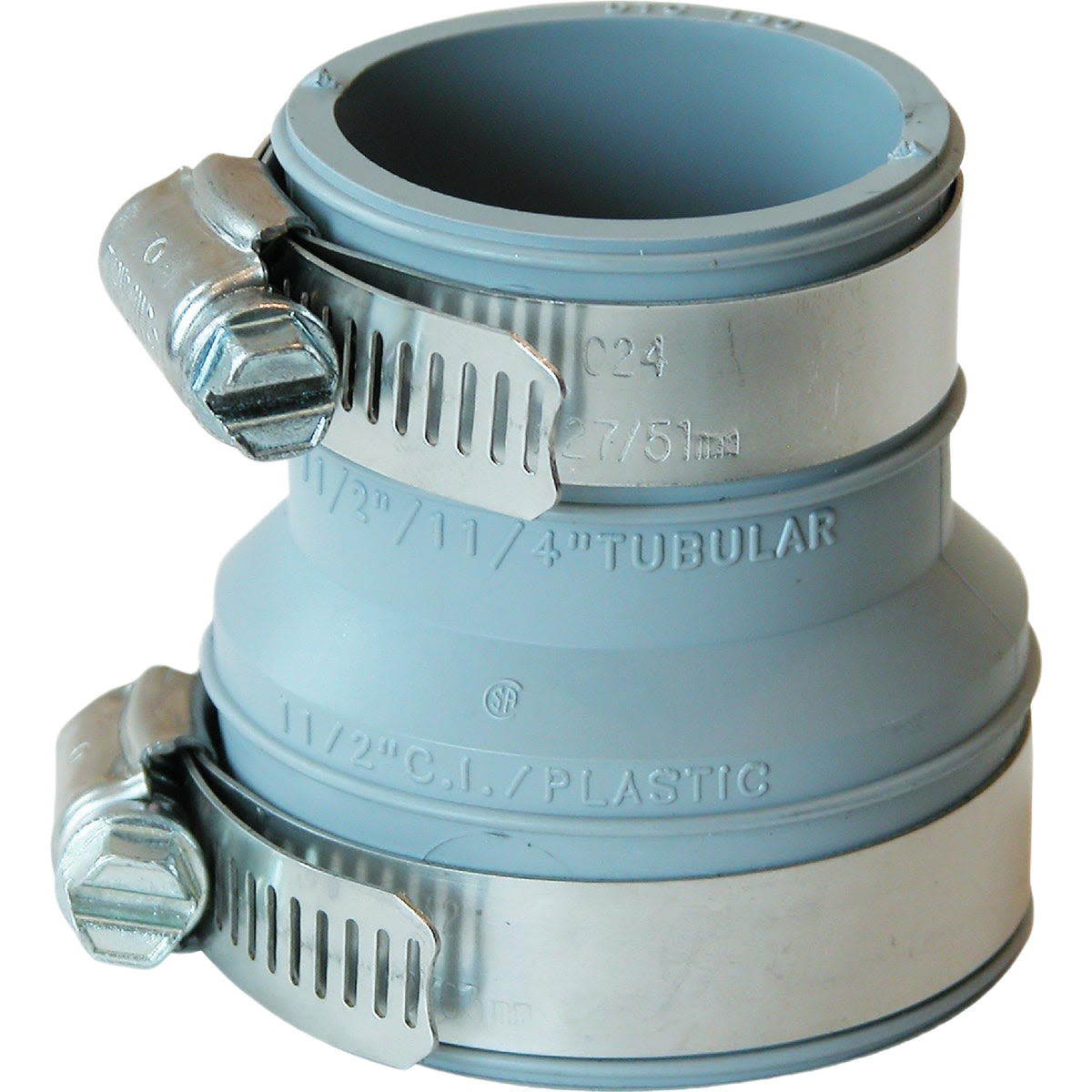 Flexible gray PVC plumbing pipe connector with stainless steel hose clamps for repair and installation in plumbing accessories collection