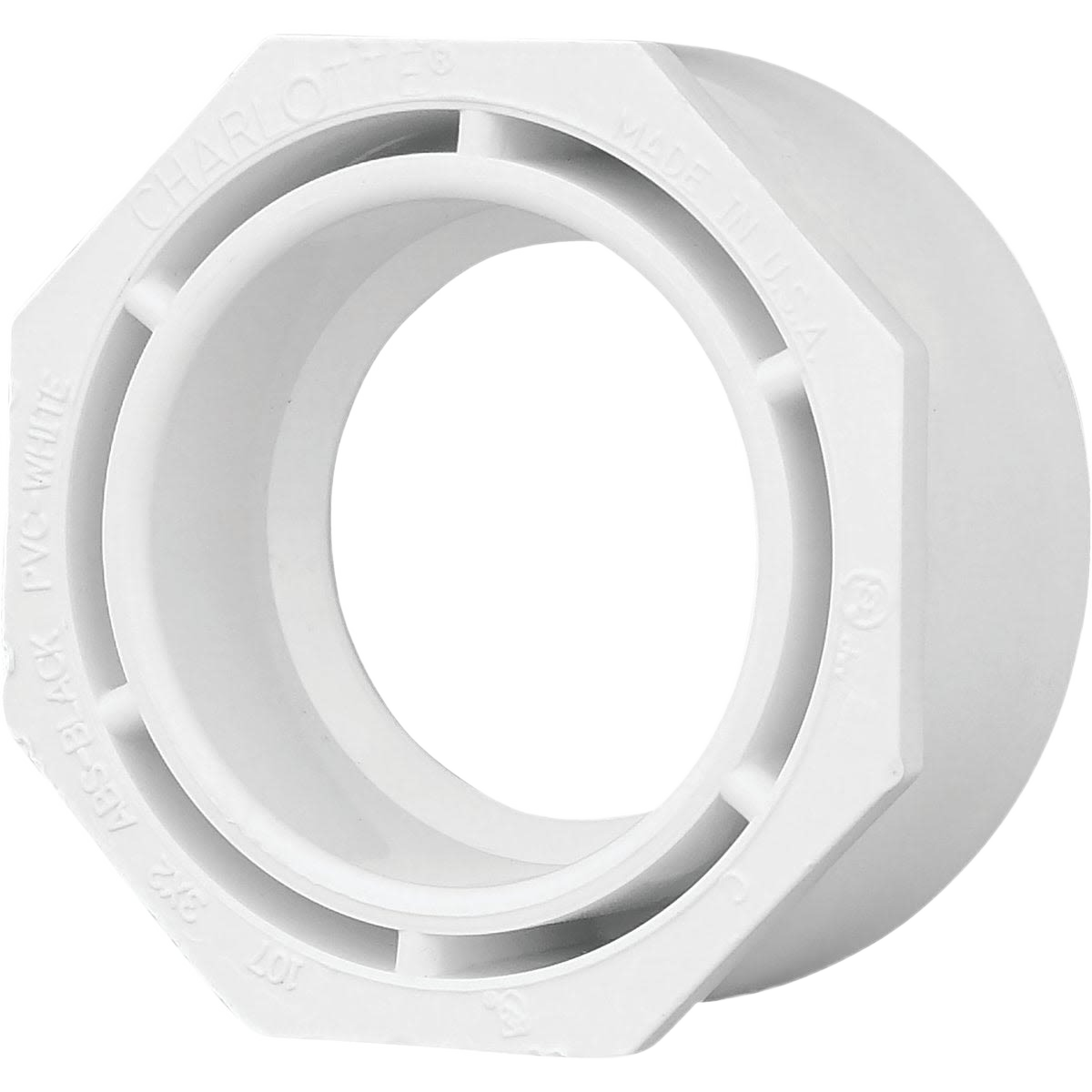 White PVC plumbing bushing for pipe fitting in pipes and fittings, plumbing, and home improvement collections
