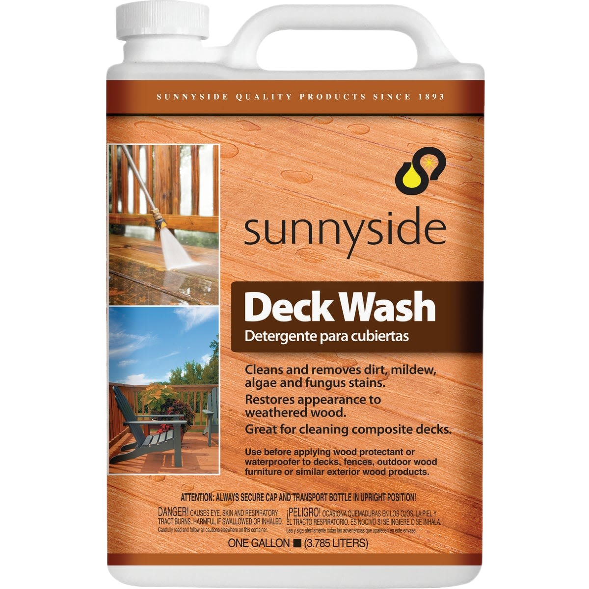 One-gallon Sunnyside solution for cleaning and restoring weathered wood decks, fences, and outdoor wood surfaces.