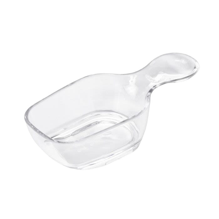 Clear plastic coffee scoop with ergonomic handle for precise measuring in kitchen storage and organization collections