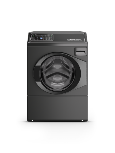 Black front load washer with right-hinged door and digital control panel from washers and appliances collection