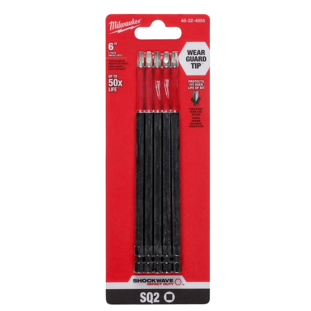 Pack of five 6-inch durable impact duty square bits with Wear Guard Tip for power tool accessories and home improvement tasks