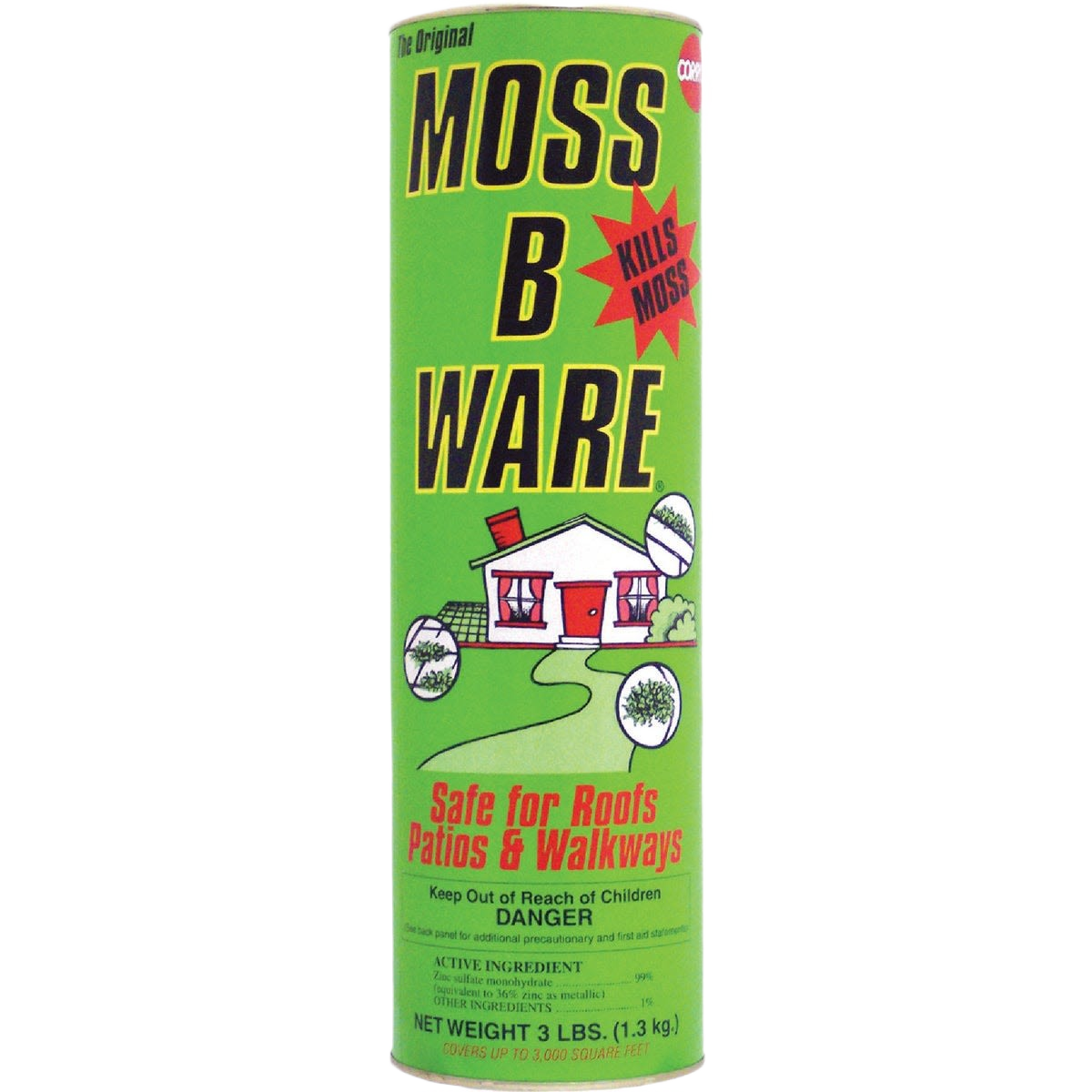 Green container of moss and algae killer granules for roof, patio, and walkway care in plant fertilizer and garden collections under $50