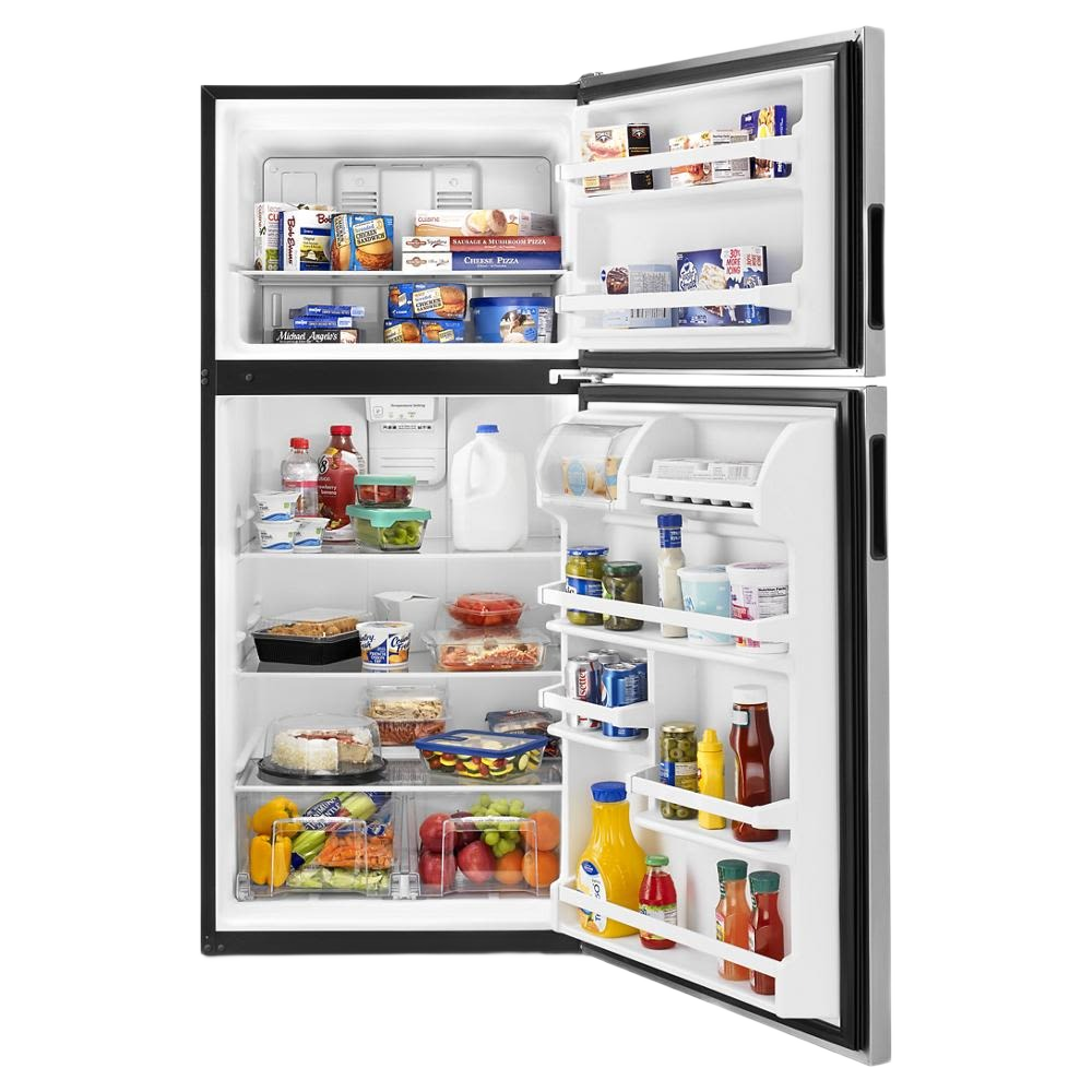 Open 30-inch Amana top-freezer refrigerator with glass shelves and door bins stocked with groceries in appliances collection