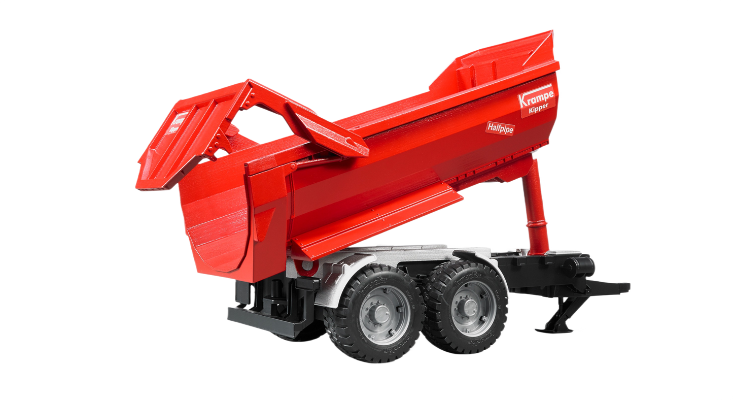 Red tandem axle halfpipe tipping trailer with detailed chassis and wheels for model and toy display use