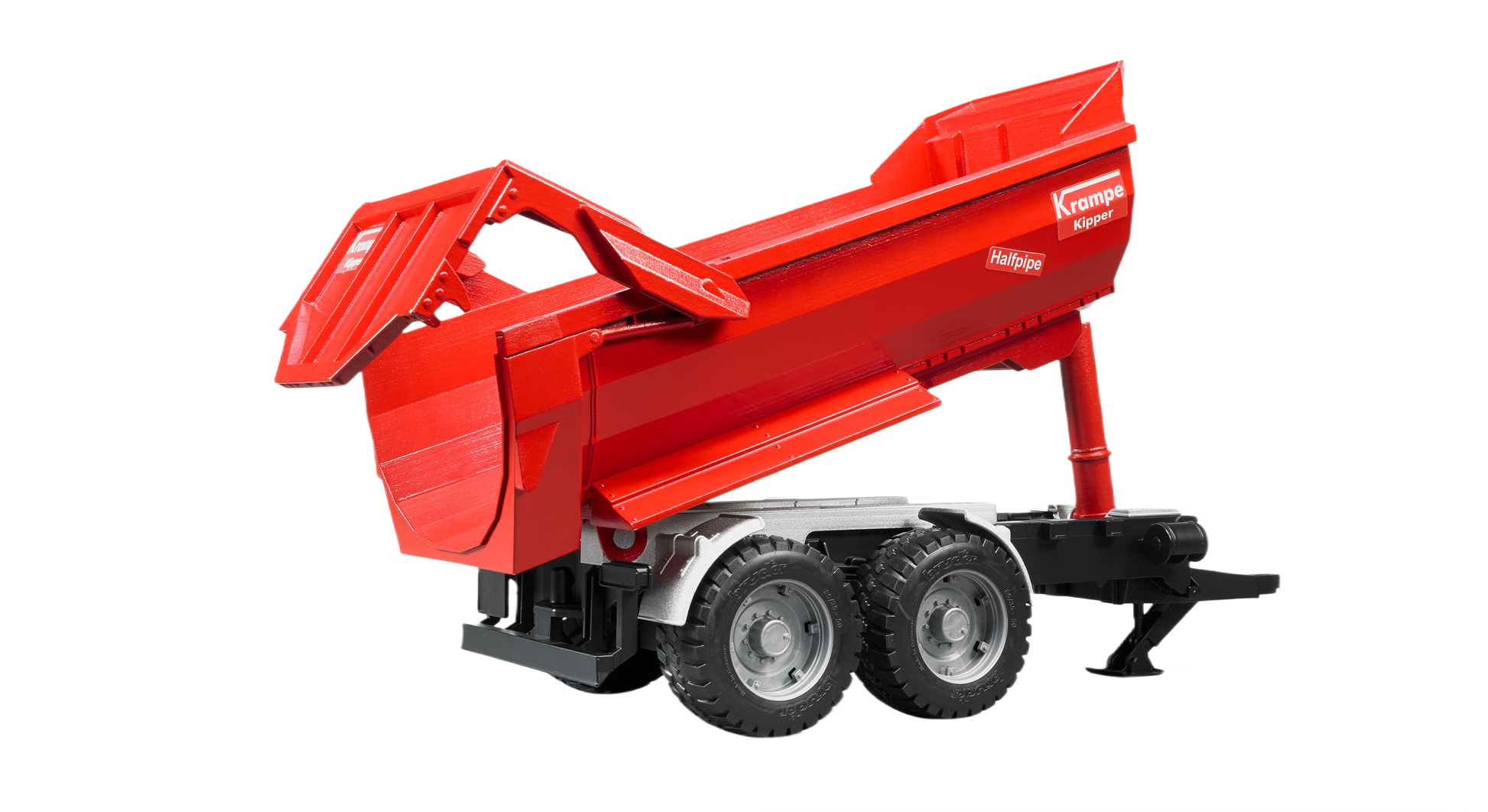 Red tandem axle halfpipe tipping trailer with detailed chassis and wheels for model and toy display use
