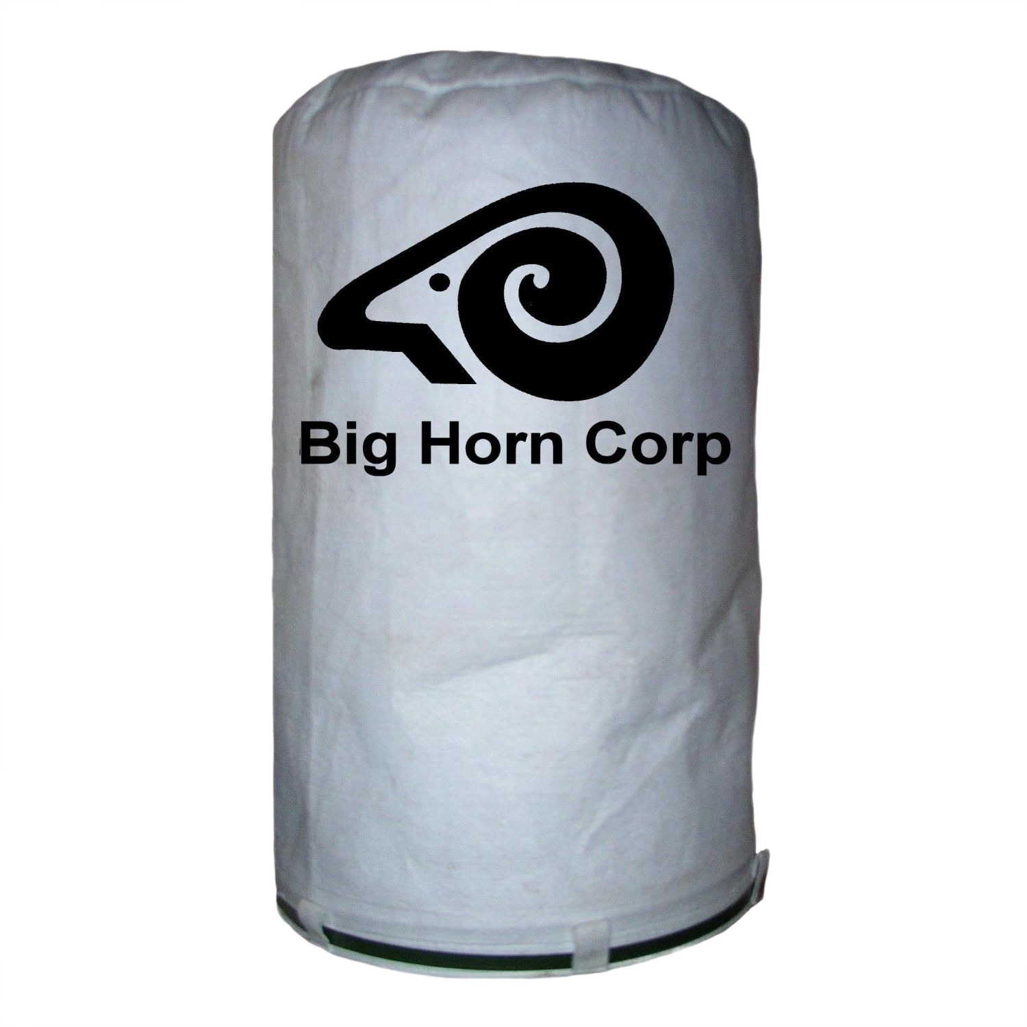 White dust collector filter bag with Big Horn Corp logo for woodworking tools and air filtration under $100 collections