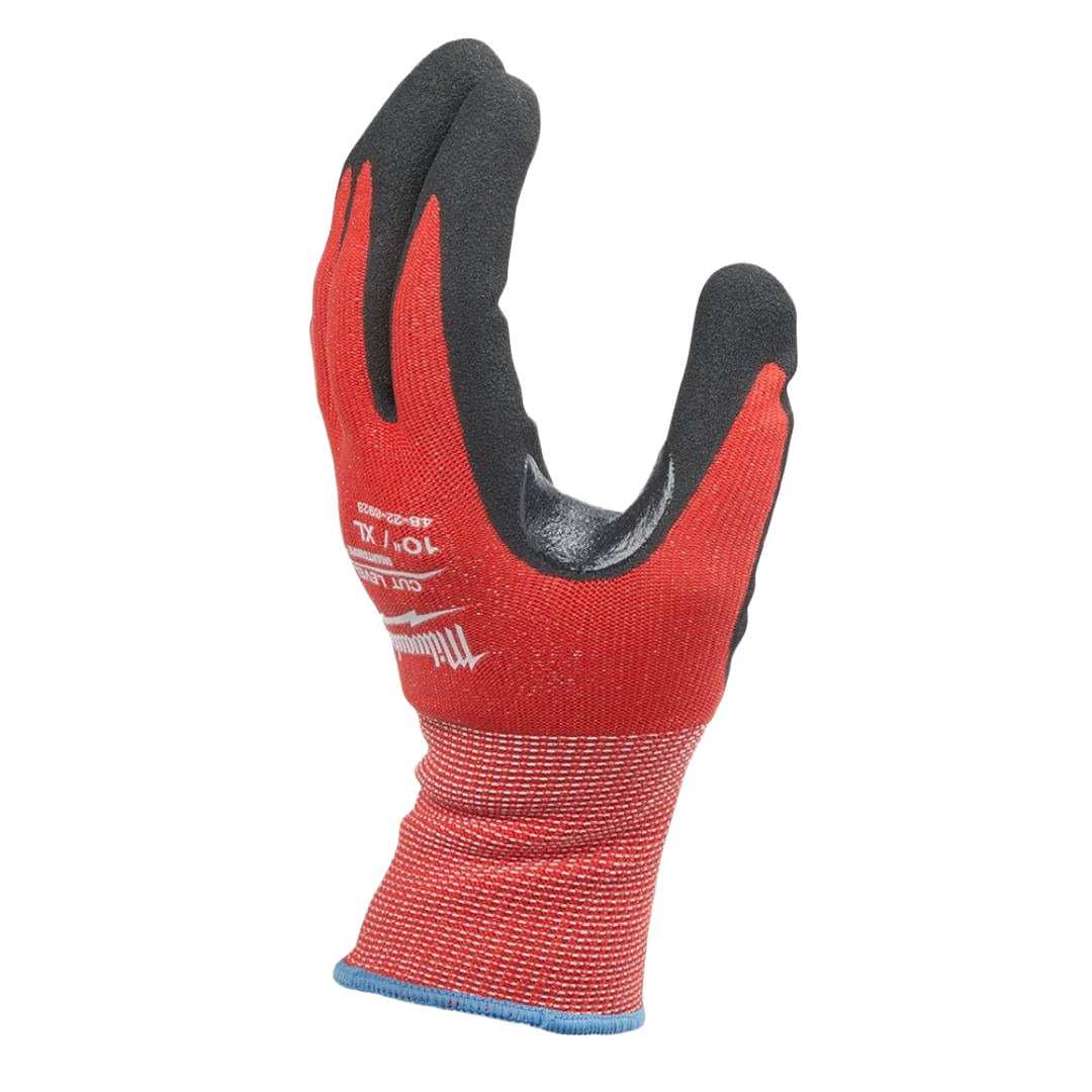Red and black nitrile dipped work glove with cut resistance and touchscreen-compatible fingertips for safety gear collection