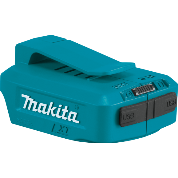 Compact teal cordless power source with USB ports and clip-on design for tools and home improvement use