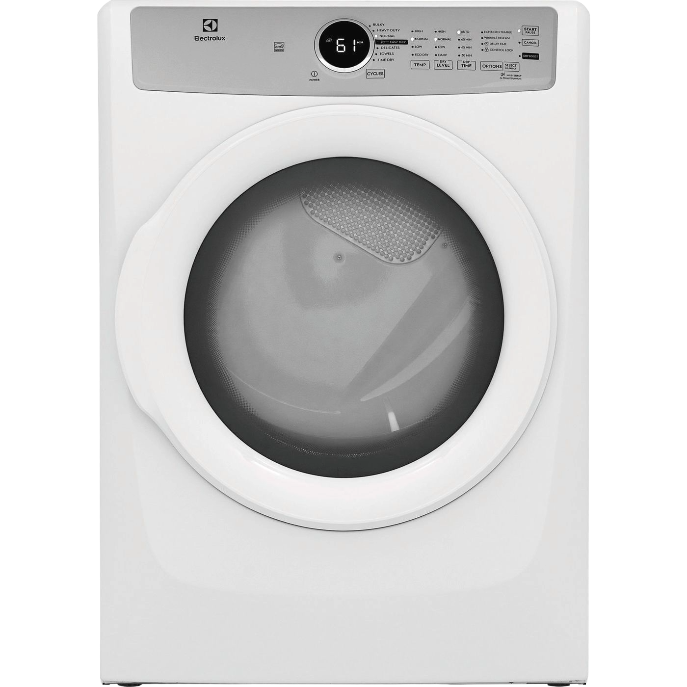 White front load gas dryer with digital display and control panel from Dryers and Appliances collections