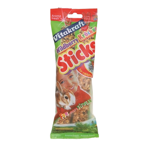 Package of Vitakraft berry-flavored crunchy sticks snack for rabbits promoting fun and fitness in small pets
