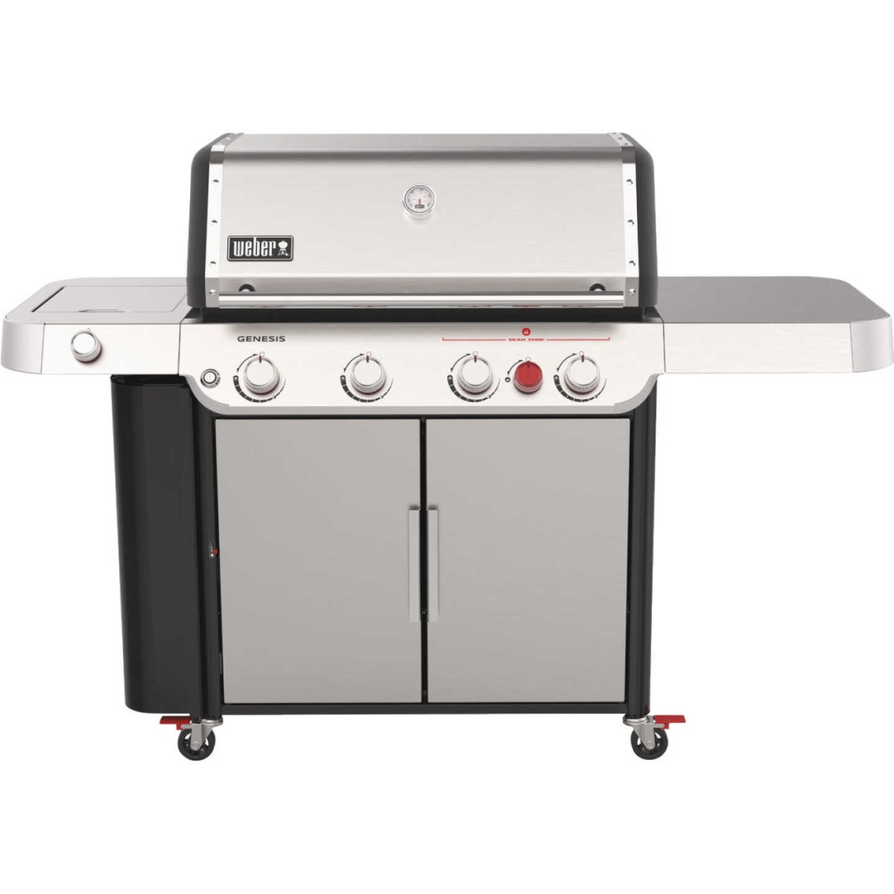 Stainless steel gas grill with four control knobs, side shelves, and storage cabinet on caster wheels for outdoor cooking