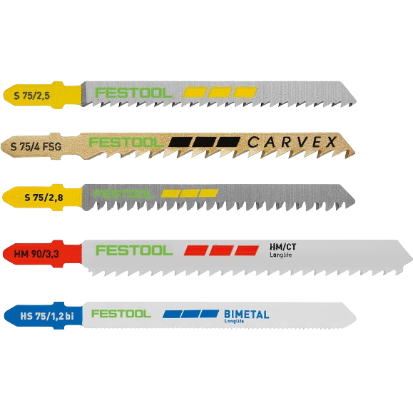 Set of five Festool jigsaw blades in various sizes and materials for woodworking and power tool accessories collections