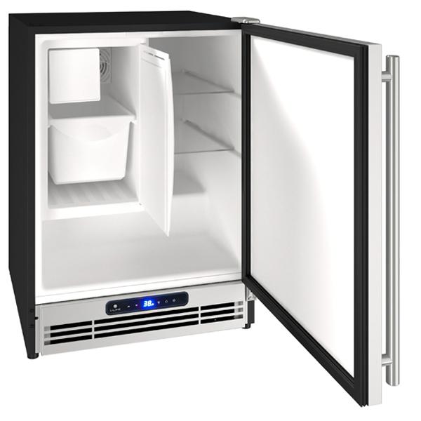 Black compact under-counter refrigerator with open door, ice maker compartment, digital control panel, for kitchen appliance collections