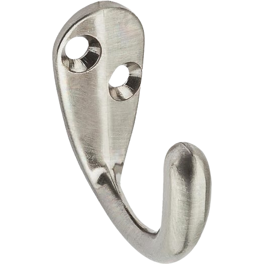 Satin nickel single wall-mounted clothes hook with two screw holes for closet and storage organization solutions