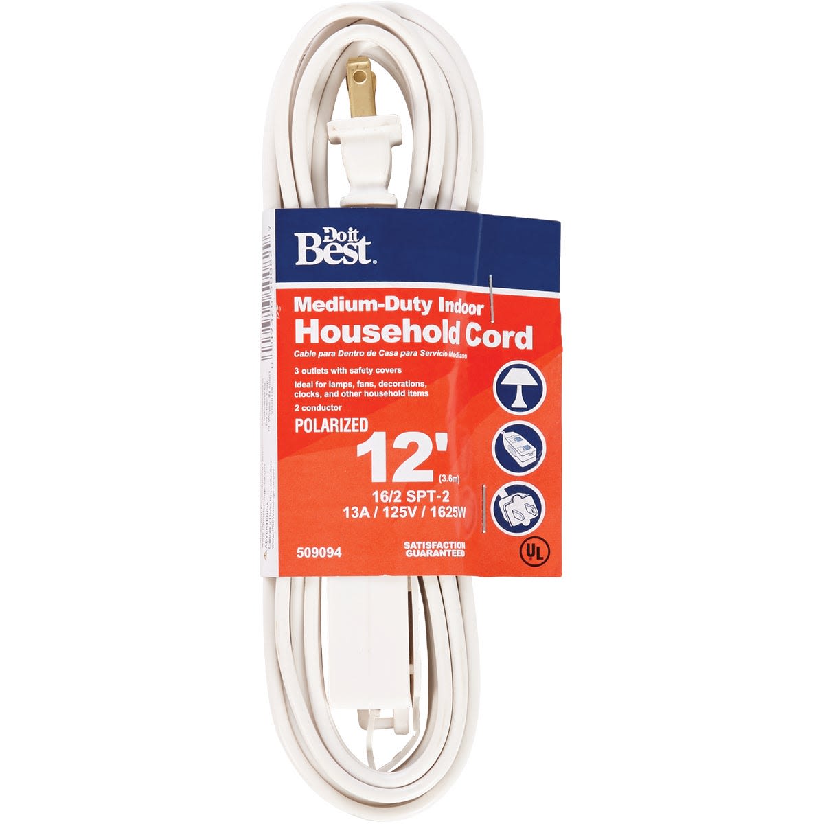White medium-duty 12 ft. electrical extension cord with 3 outlets for indoor home improvement and appliances under $50 collection