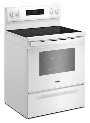 white 30-inch electric range with smooth glass cooktop and digital controls for kitchen and home improvement