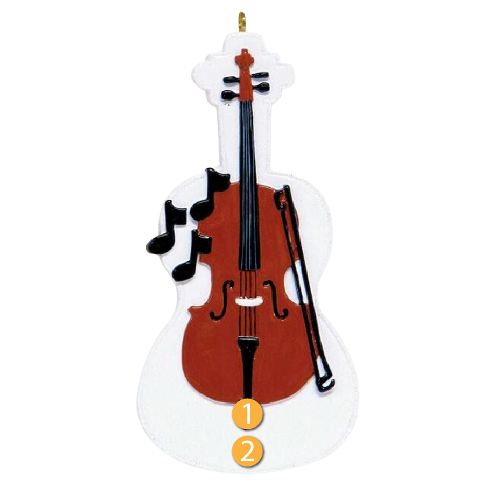 Brown cello ornament with black music notes on white background for Christmas decorations under fifty dollars