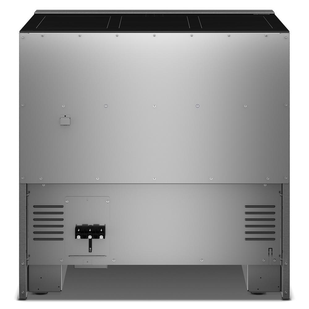 Back view of a stainless steel 36-inch freestanding induction range with six elements, featuring ventilation panels, part of Ranges, Kitchen & Kitchenware, All Products, KitchenAid, Appliances, and Ranges & Cooktops collections.