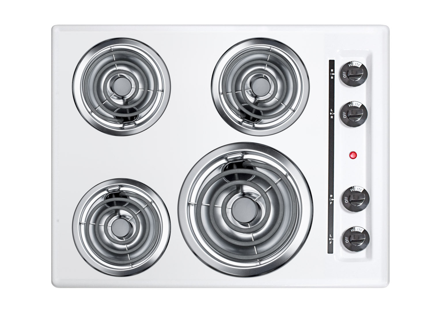 White electric cooktop with four coil burners and four black control knobs for easy temperature adjustment