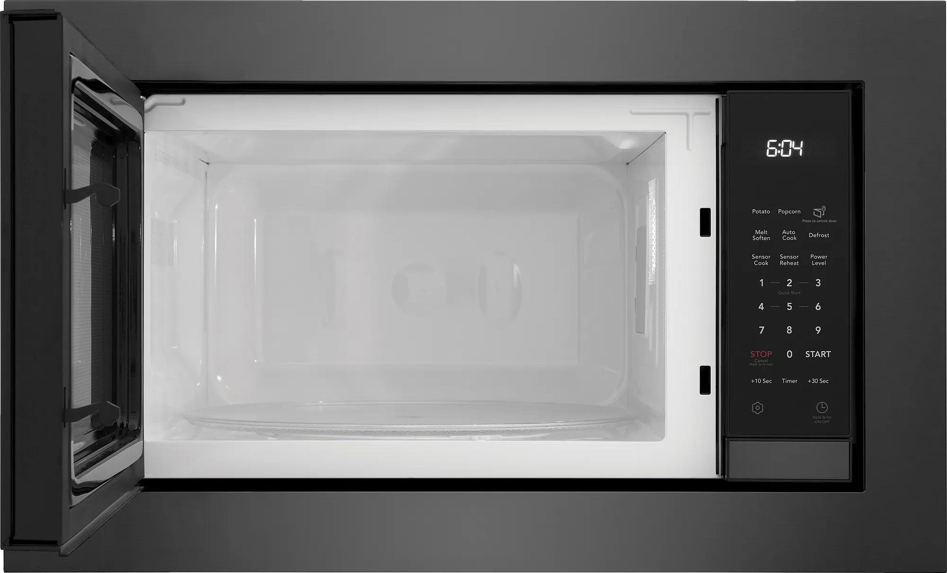 Black built-in microwave with open door showing white interior and digital control panel in kitchen appliances collection