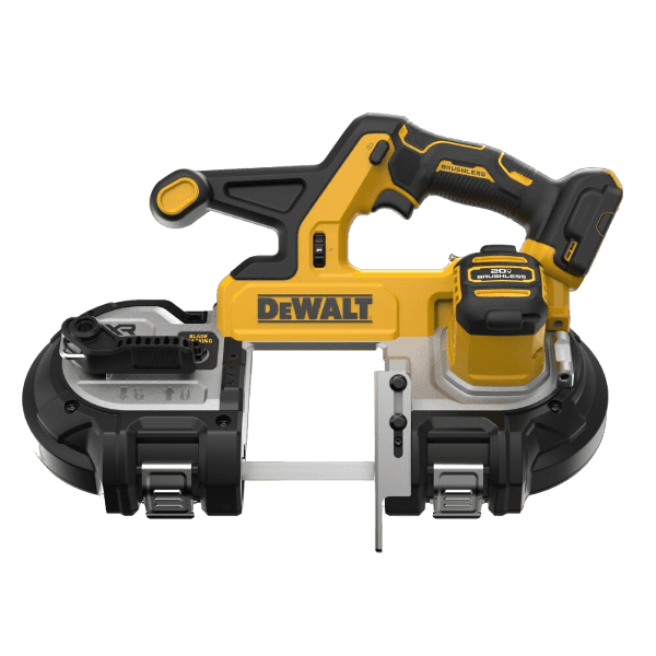 Yellow and black cordless brushless band saw with 20V MAX battery for home improvement and power tool collections