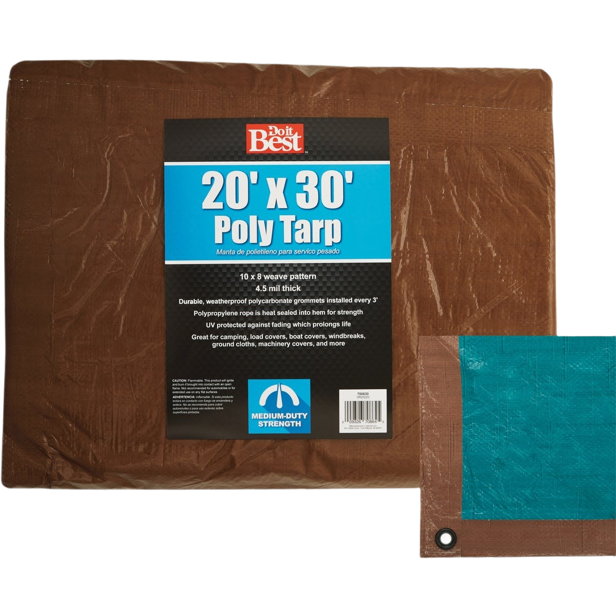 Brown and green medium duty poly tarp with reinforced corners and grommets for versatile outdoor and home improvement use