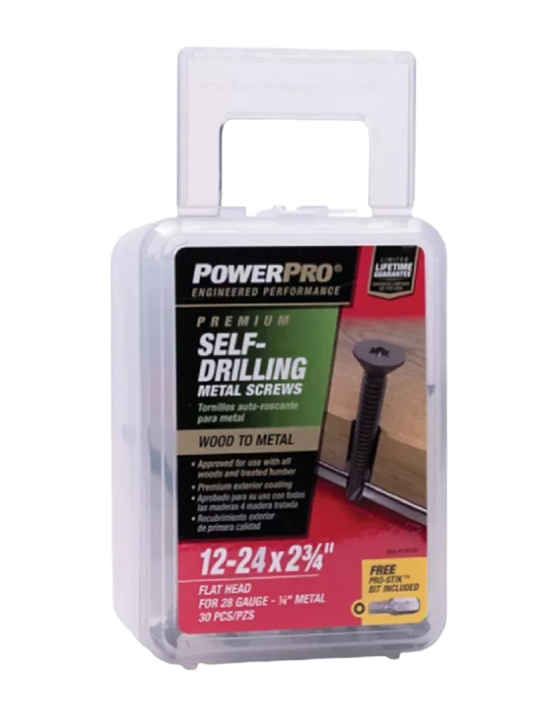 Clear plastic case of premium self-drilling metal screws designed for wood to metal fastening, part of hardware and fasteners collections.