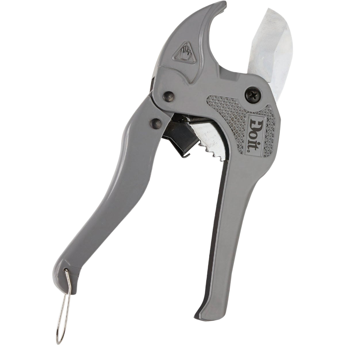 Gray ratcheting PVC tubing cutter with ergonomic handle and sharp metal blade for plumbing and home improvement tasks