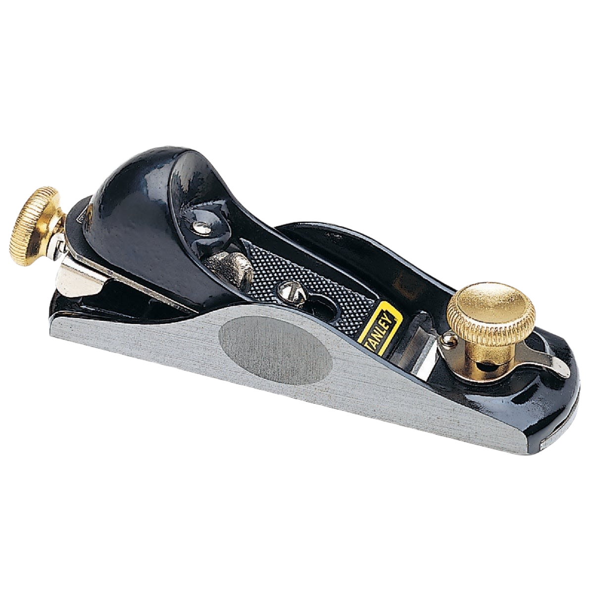 Compact low angle block plane with black metal body and brass adjustment knobs for woodworking and home improvement tasks
