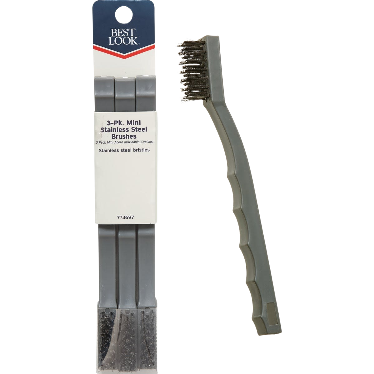 Three-pack of stainless steel bristle mini brushes with gray handles for cleaning in paint and home improvement tasks