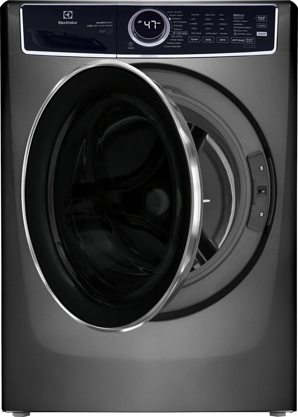 Dark gray front load washer with open door and digital display panel from front load washers and appliances collection