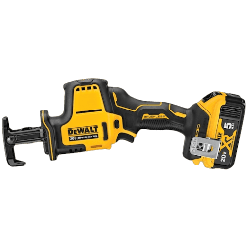 Yellow and black cordless one-handed reciprocating saw with 20V battery for tools and home improvement tasks