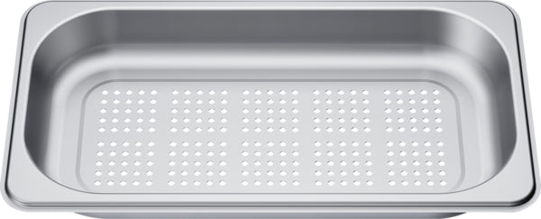 Rectangular stainless steel steam cooking pan with perforated base for use in wall ovens and kitchen appliances collection